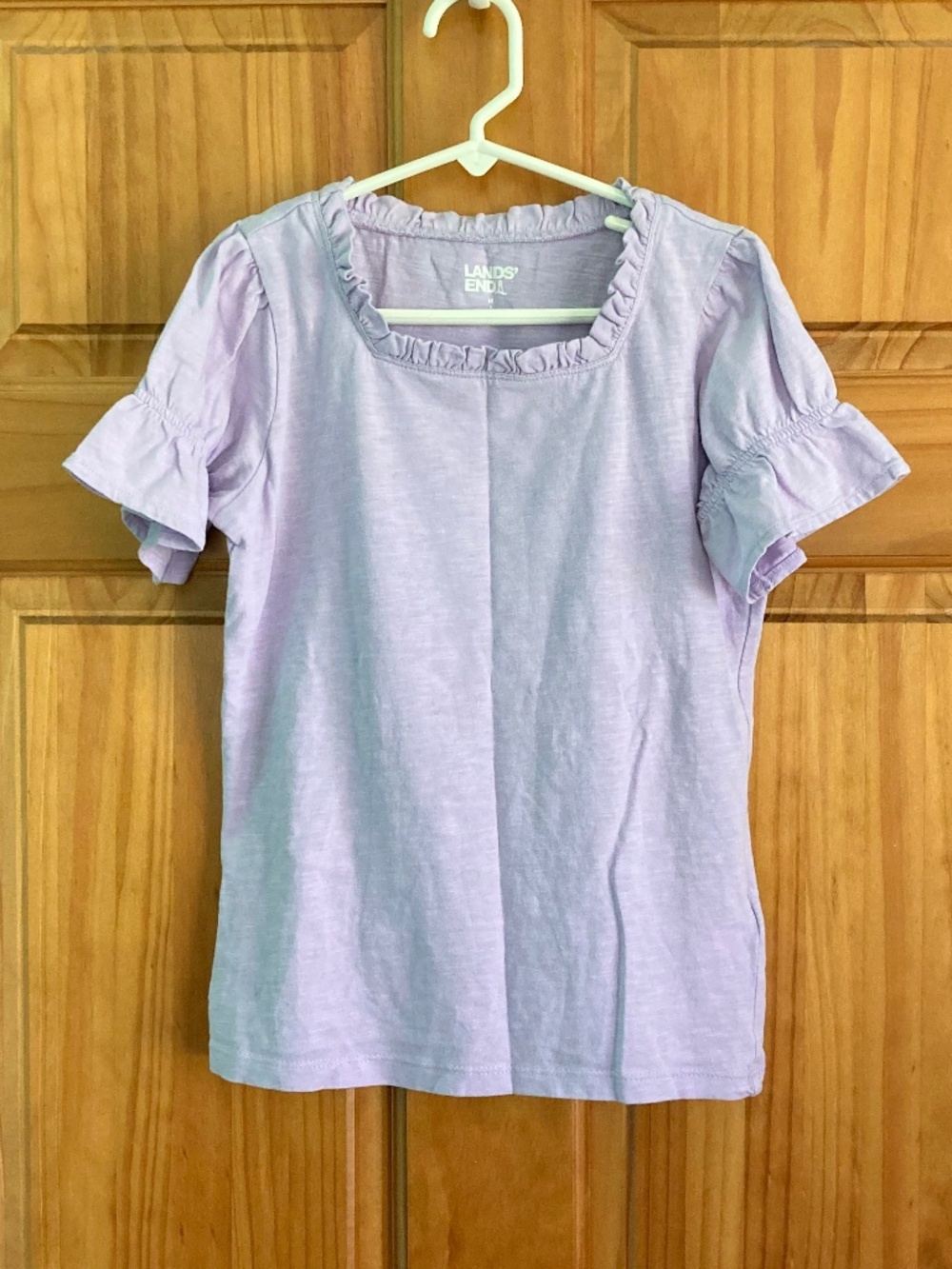 Lands’ End girl’s size 8 purple short sleeved feminine ruffly square neck top